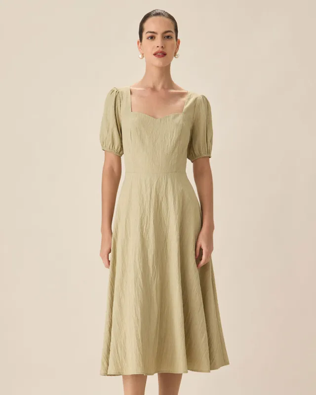 Green Sweetheart Neck Shirred Midi Dress sold by rihoas