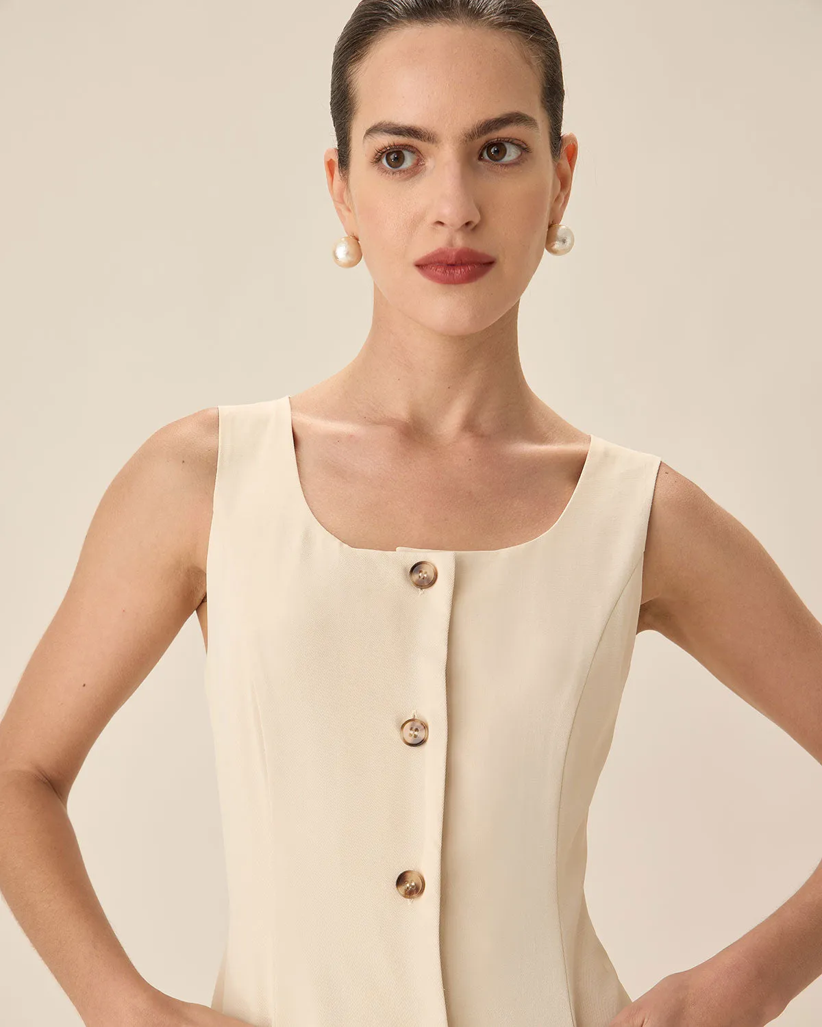 Beige U Neck Button Mini Dress sold by rihoas product image thumbnail 2