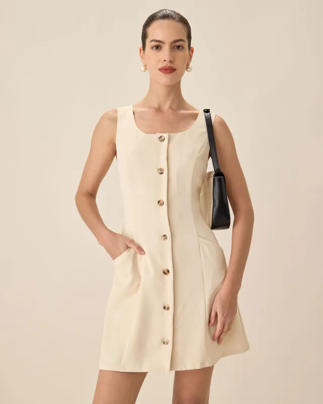 Beige U Neck Button Mini Dress sold by rihoas