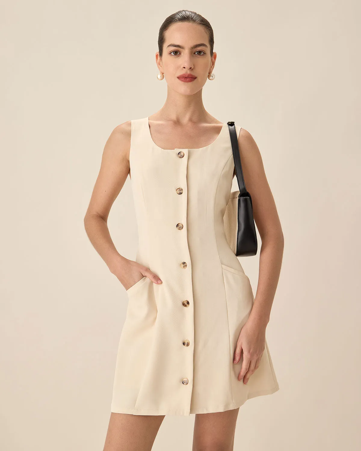 Beige U Neck Button Mini Dress sold by rihoas