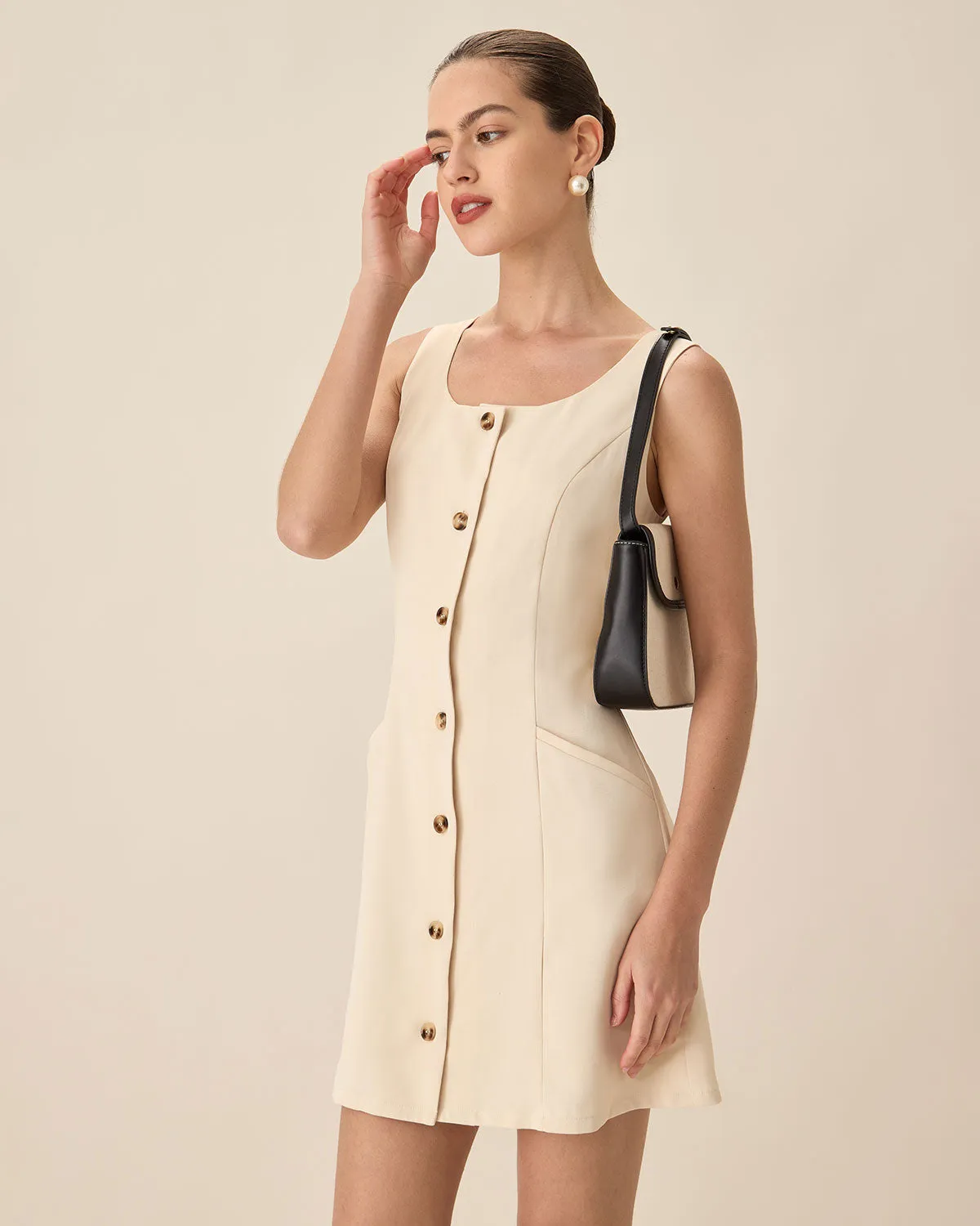 Beige U Neck Button Mini Dress sold by rihoas product image thumbnail 3