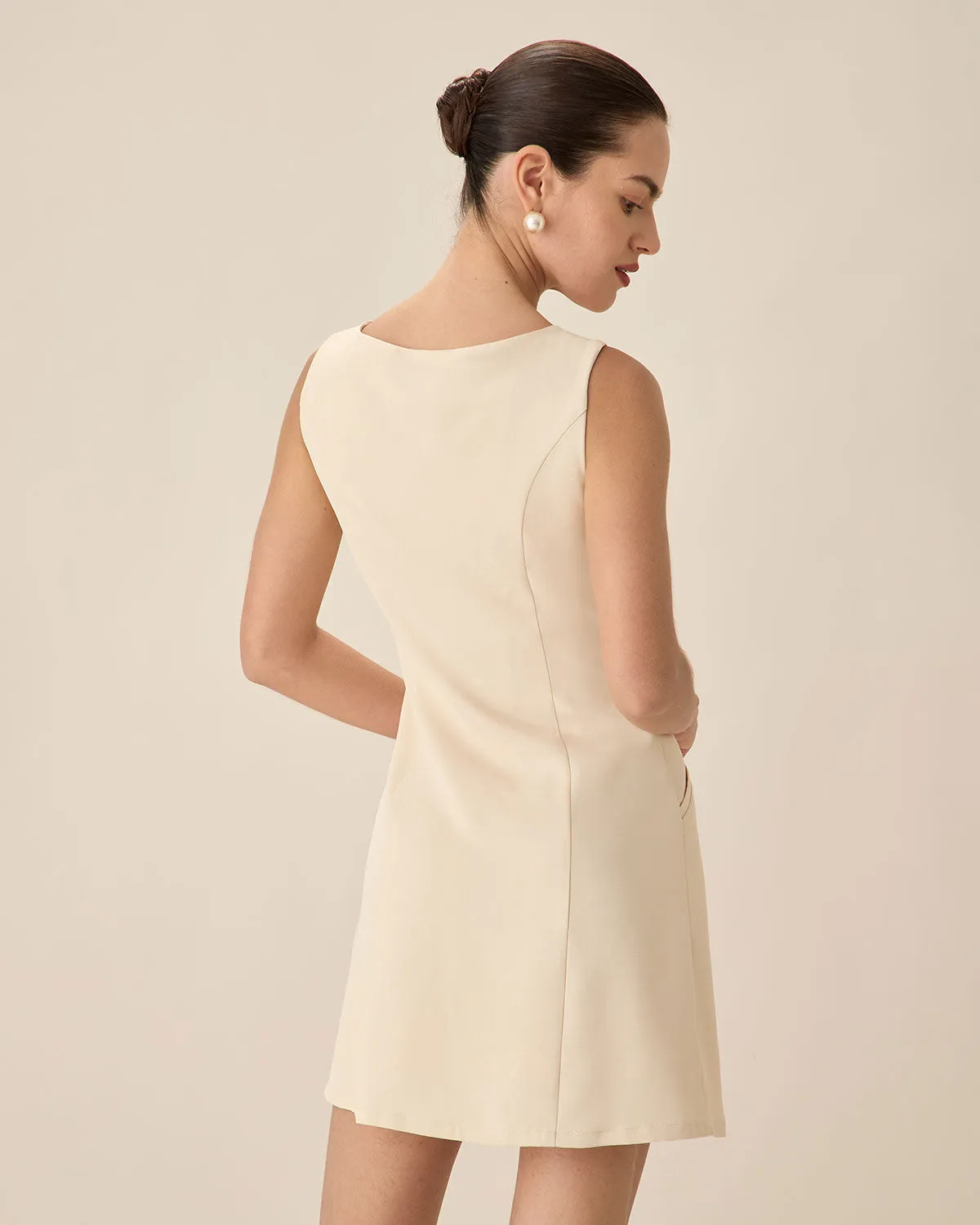 Beige U Neck Button Mini Dress sold by rihoas product image thumbnail 4