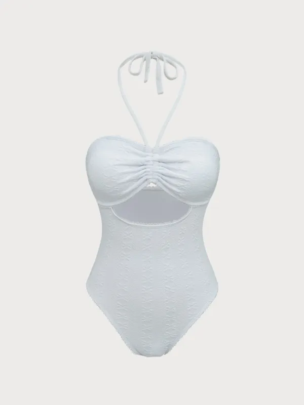 White Ruched Halter One-Piece Swimsuit sold by rihoas