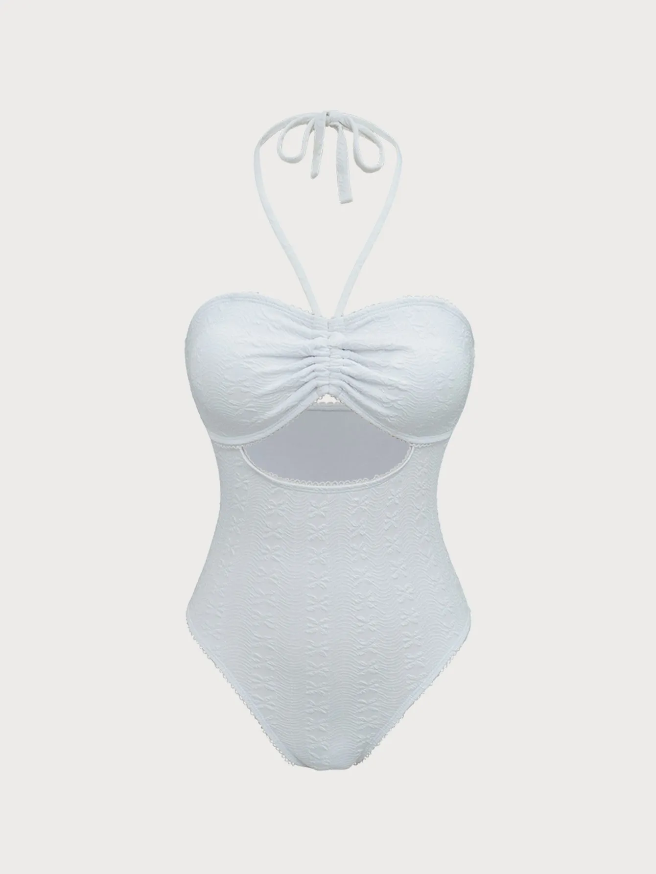 White Ruched Halter One-Piece Swimsuit sold by rihoas