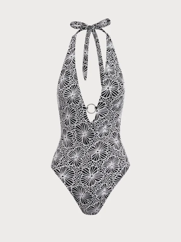 Black Floral V-Neck One-Piece Swimsuit sold by rihoas