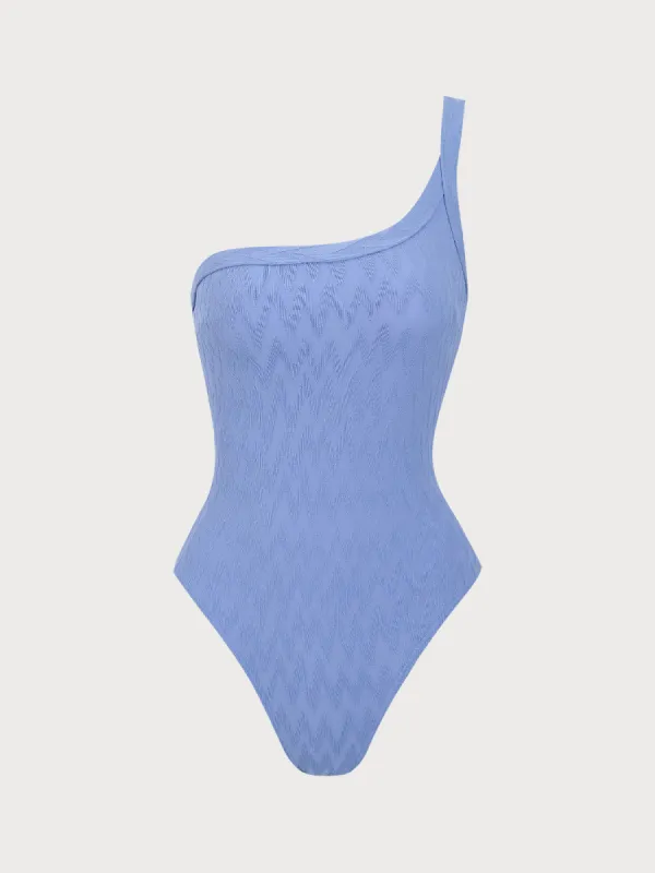 Blue Textured One-Shoulder One-Piece Swimsuit sold by rihoas