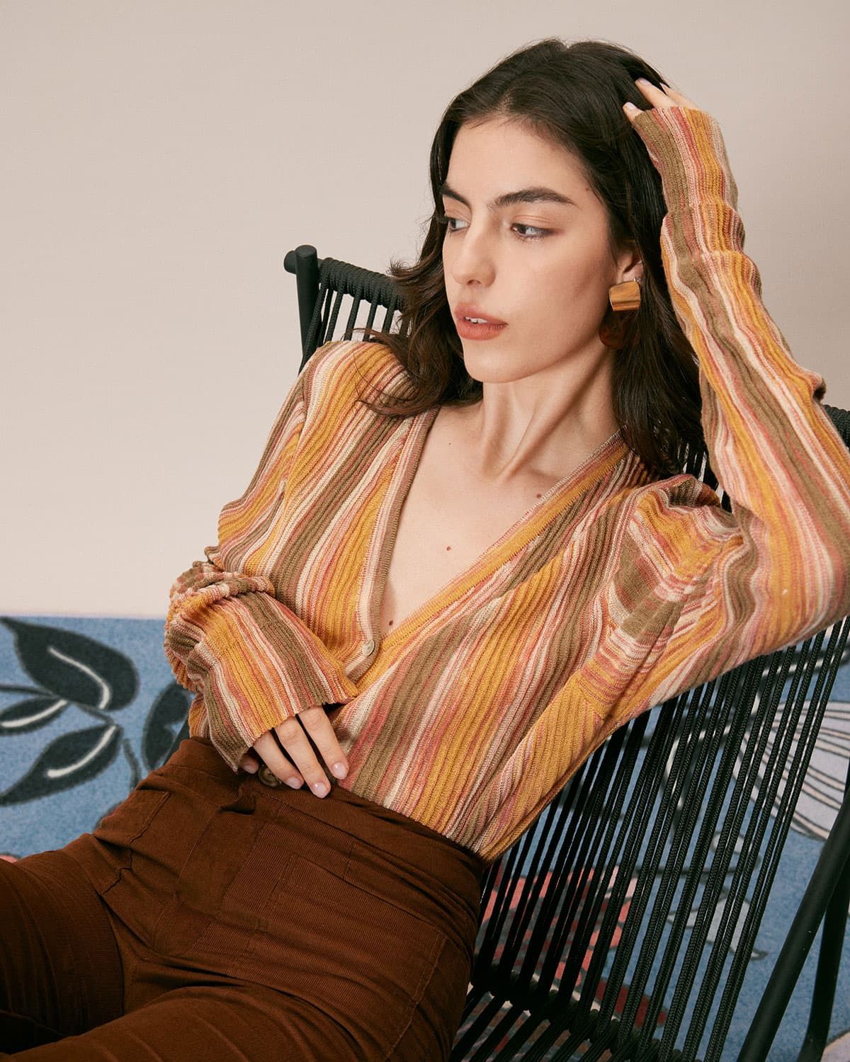 The Yellow V Neck Colorblock Trim Cardigan sold by rihoas product image thumbnail 2