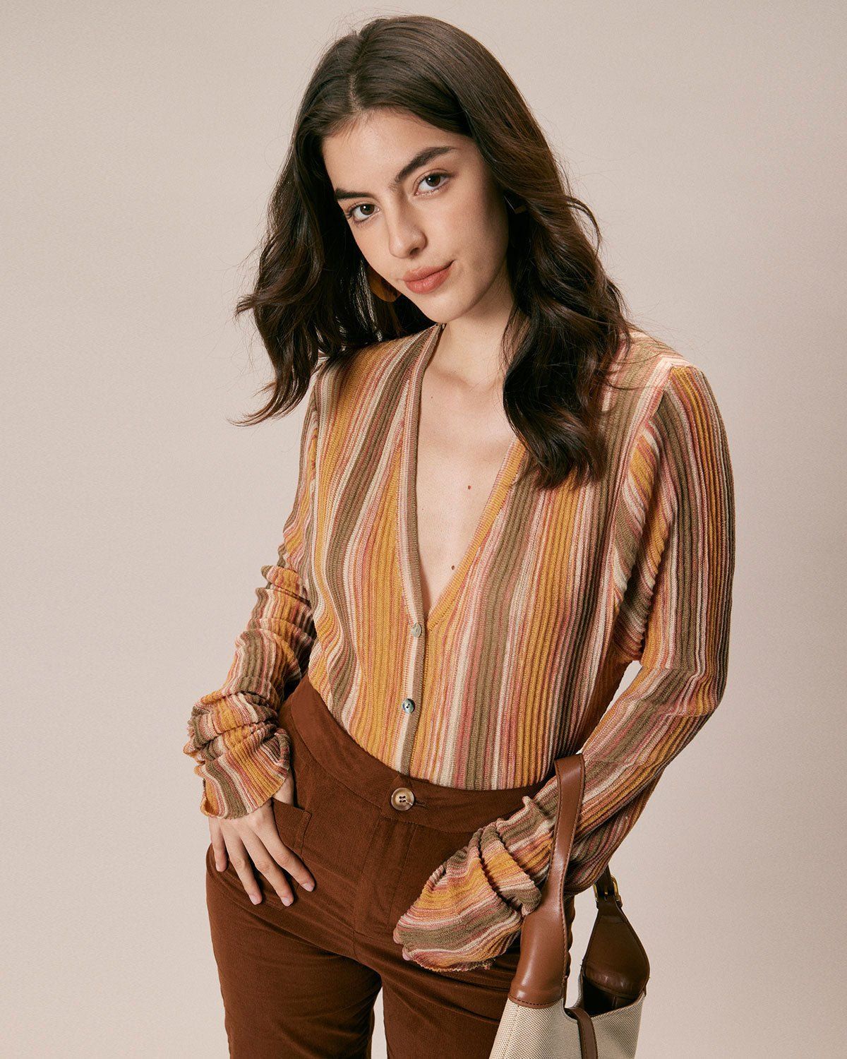 The Yellow V Neck Colorblock Trim Cardigan sold by rihoas product image thumbnail 4