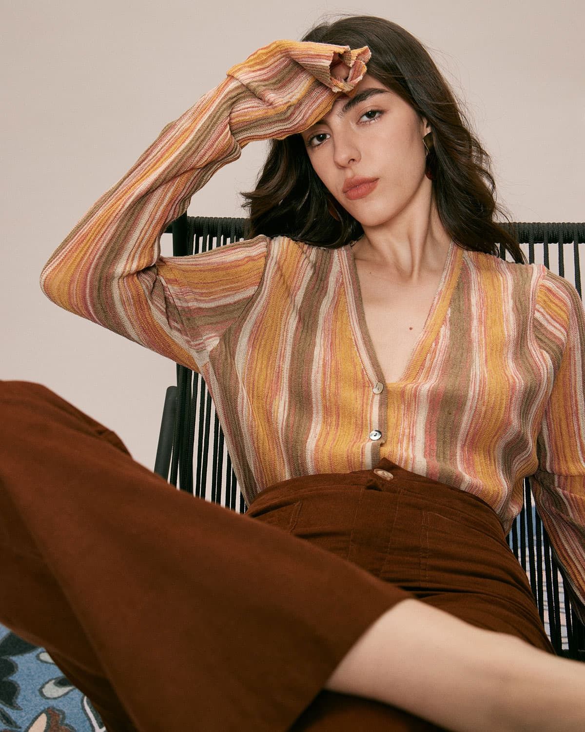 The Yellow V Neck Colorblock Trim Cardigan sold by rihoas product image thumbnail 6