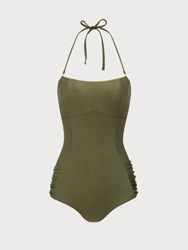 Green Ruched Halter One-Piece Swimsuit sold by rihoas