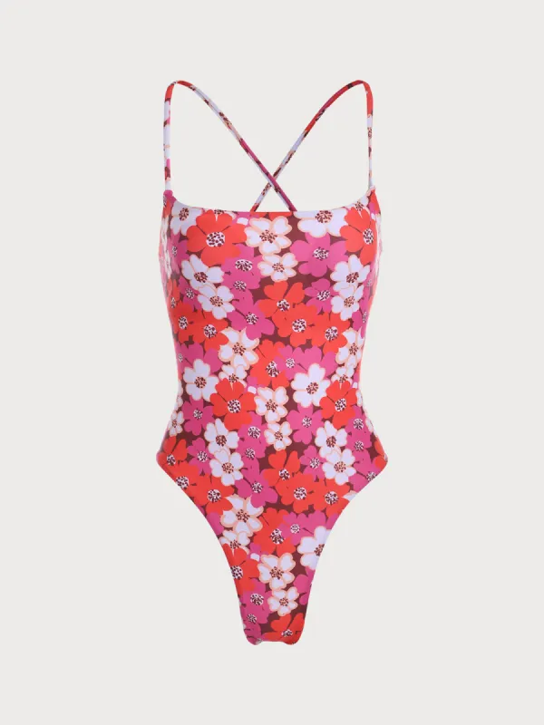 Red Floral Tie-back One-Piece Swimwear sold by rihoas