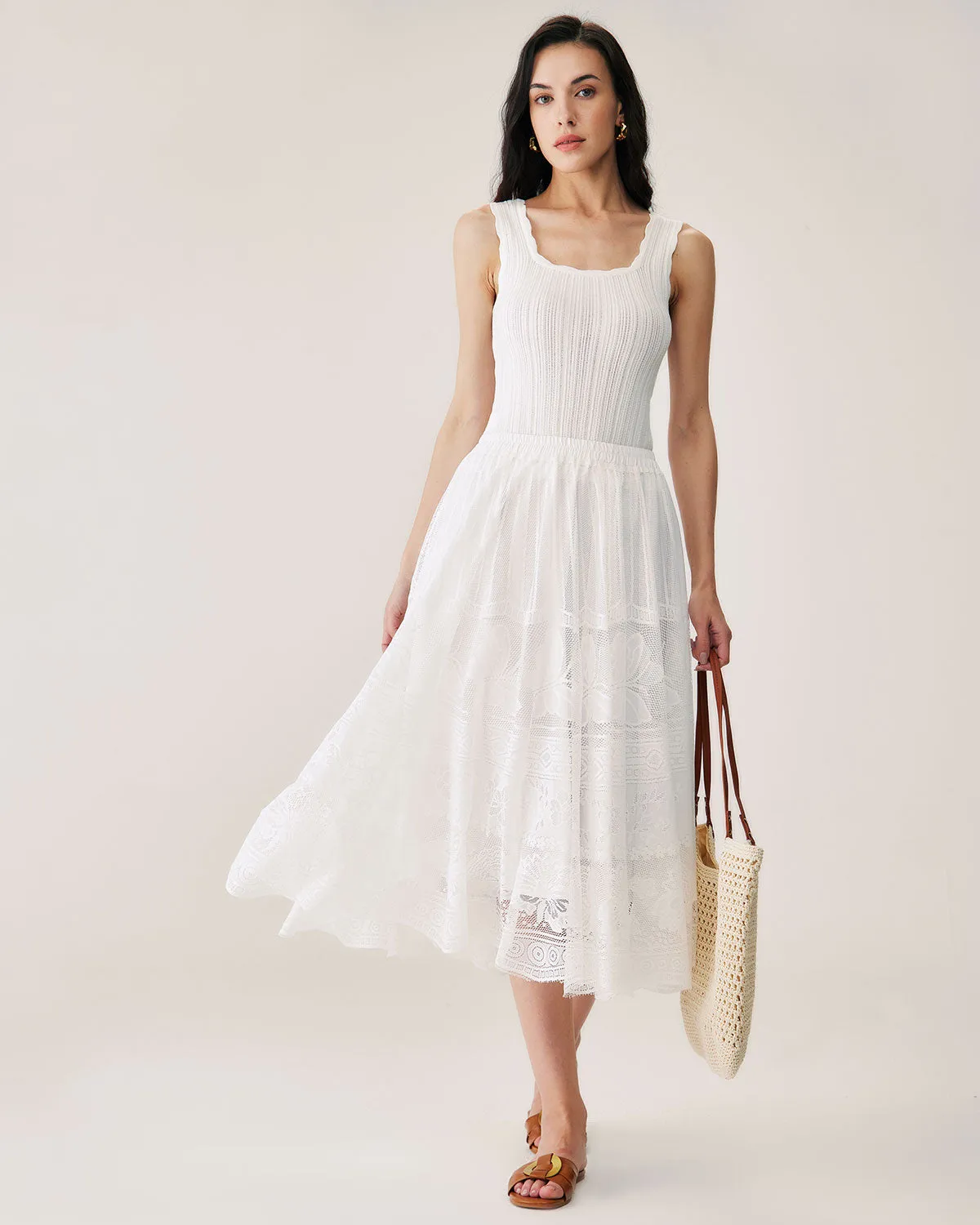 White Lace Elastic Waist Midi Skirt sold by rihoas product image thumbnail 2