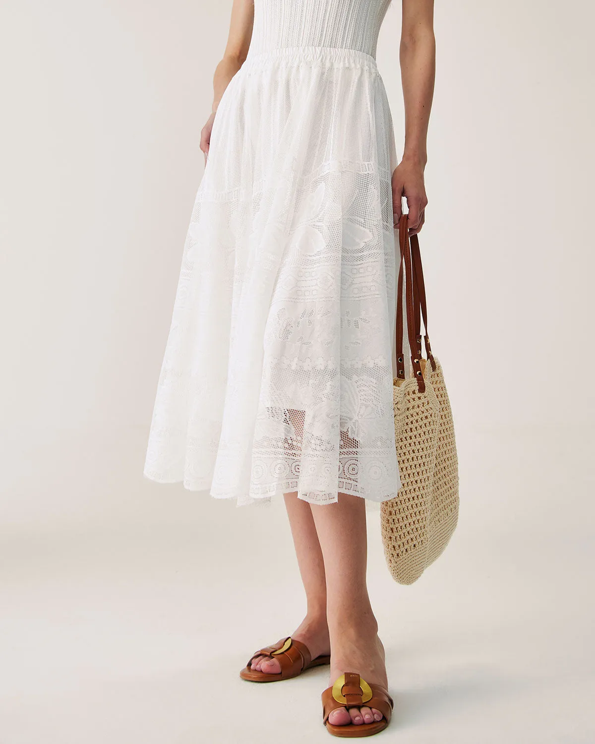 White Lace Elastic Waist Midi Skirt sold by rihoas