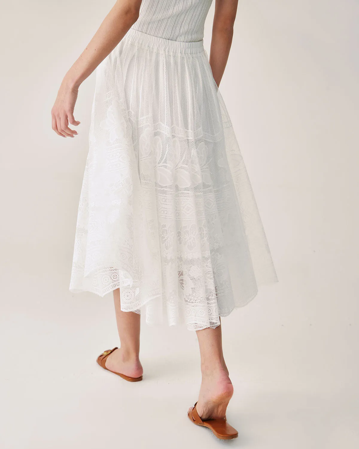 White Lace Elastic Waist Midi Skirt sold by rihoas product image thumbnail 4