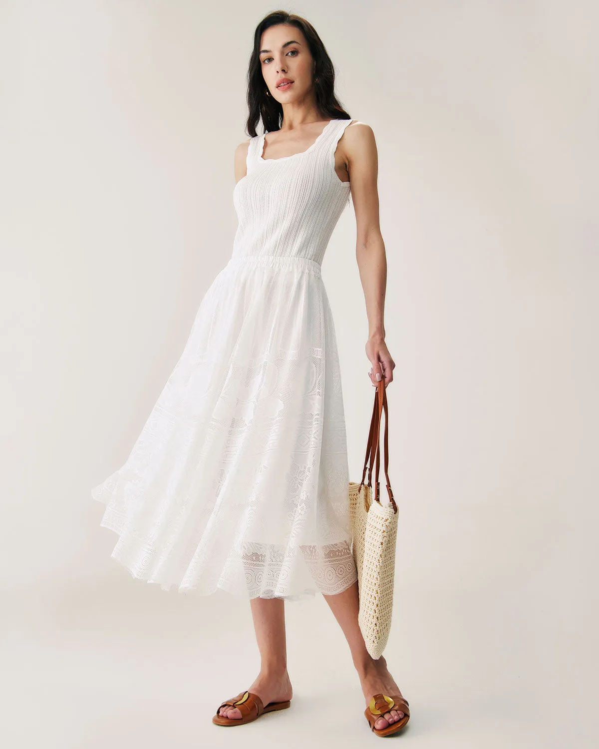White Lace Elastic Waist Midi Skirt sold by rihoas product image thumbnail 3