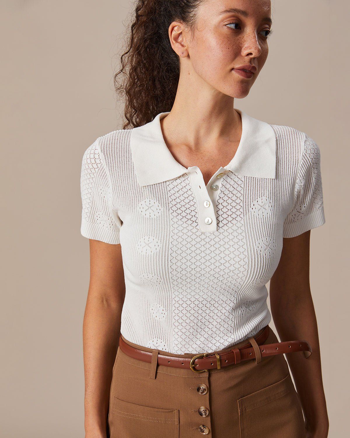 The Beige Collared Button Pointelle Knit Top sold by rihoas product image thumbnail 3