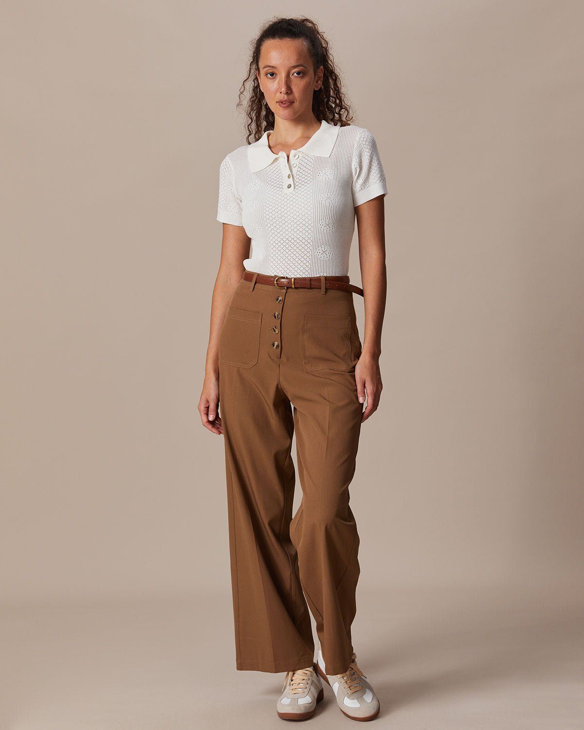 The Beige Collared Button Pointelle Knit Top sold by rihoas product image thumbnail 4