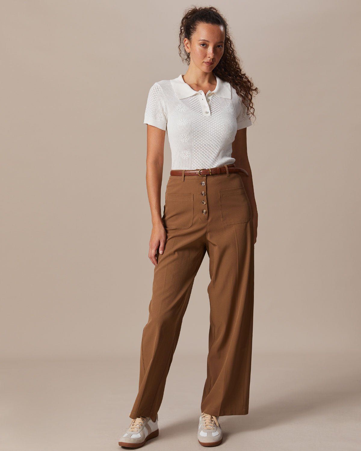 The Beige Collared Button Pointelle Knit Top sold by rihoas product image thumbnail 5