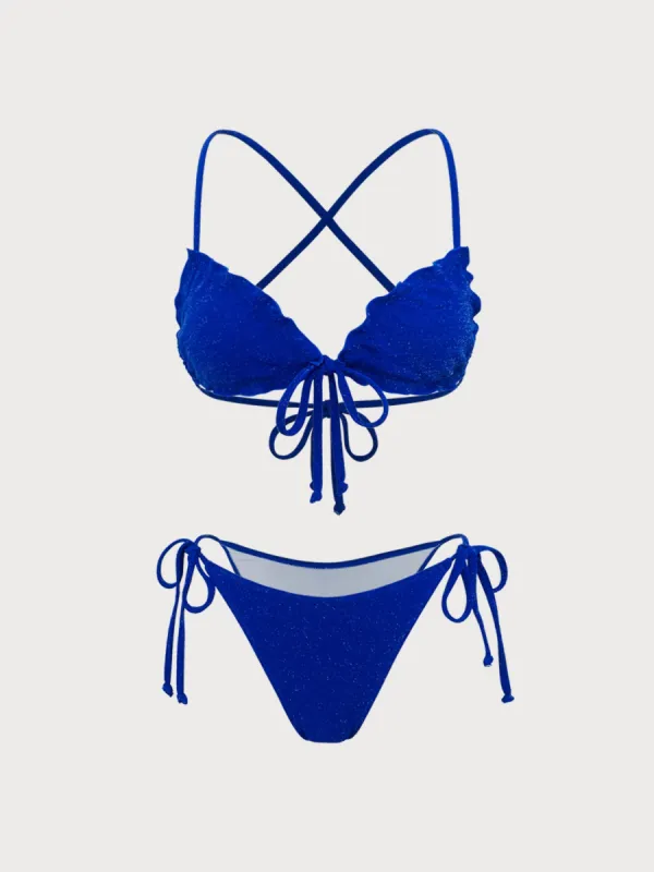 Blue Sparkly Tie-Front Bikini Set sold by rihoas