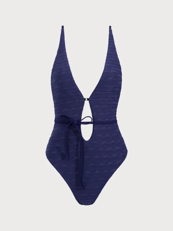 Blue Textured Tie Front One-Piece Swimsuit sold by rihoas