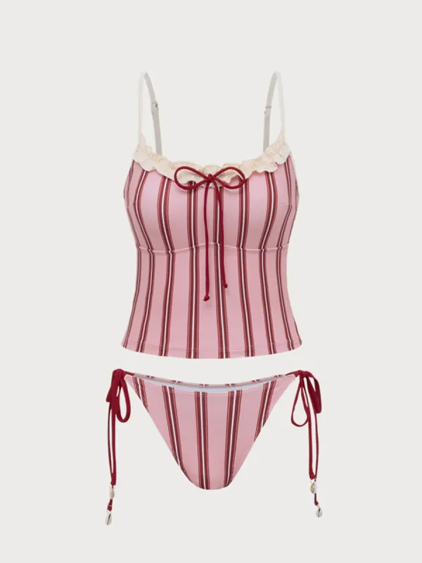 Pink Striped Tankini Swimsuit sold by rihoas