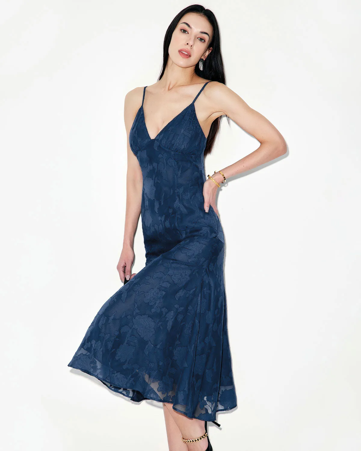 Navy Jacquard Mermaid Slip Midi Dress sold by rihoas product image thumbnail 3