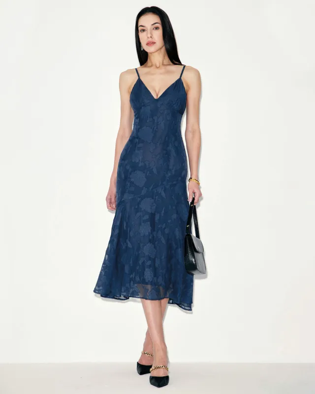 Navy Jacquard Mermaid Slip Midi Dress sold by rihoas