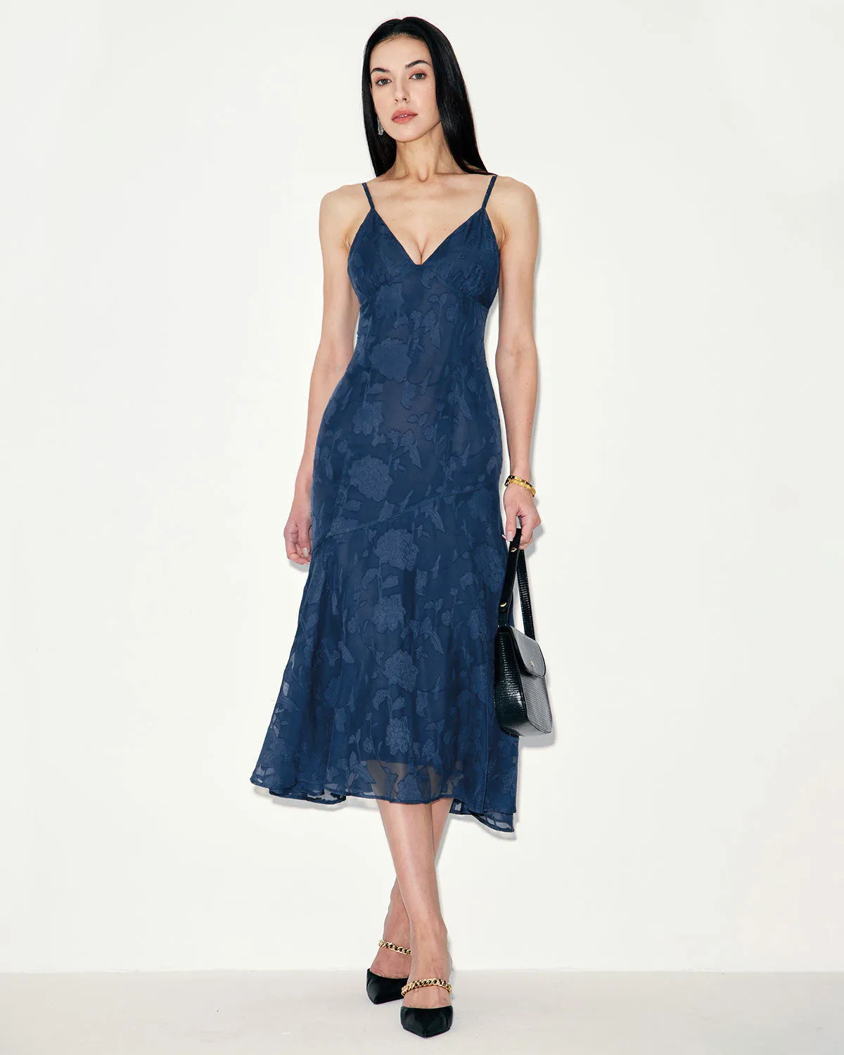 Navy Jacquard Mermaid Slip Midi Dress sold by rihoas