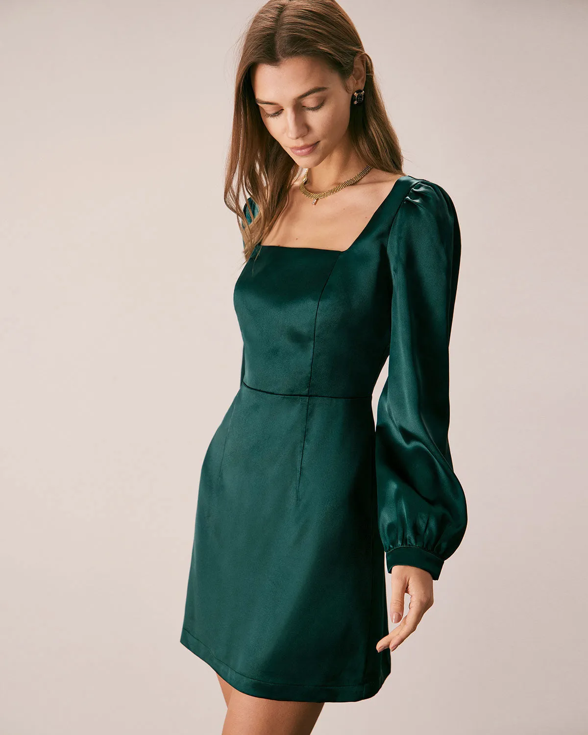 The Green Square Neck Satin A-Line Mini Dress sold by rihoas product image thumbnail 5