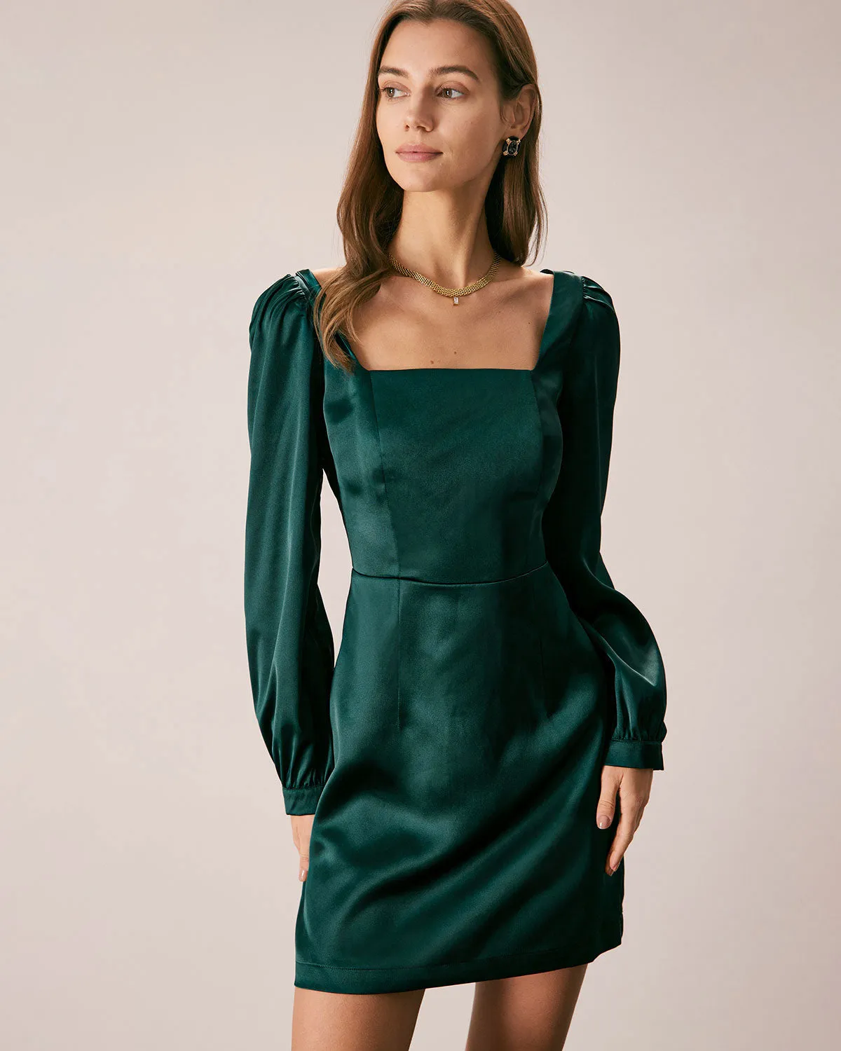 The Green Square Neck Satin A-Line Mini Dress sold by rihoas product image thumbnail 4