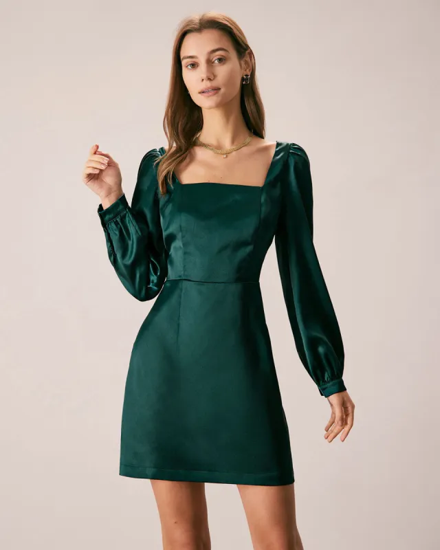 The Green Square Neck Satin A-Line Mini Dress sold by rihoas