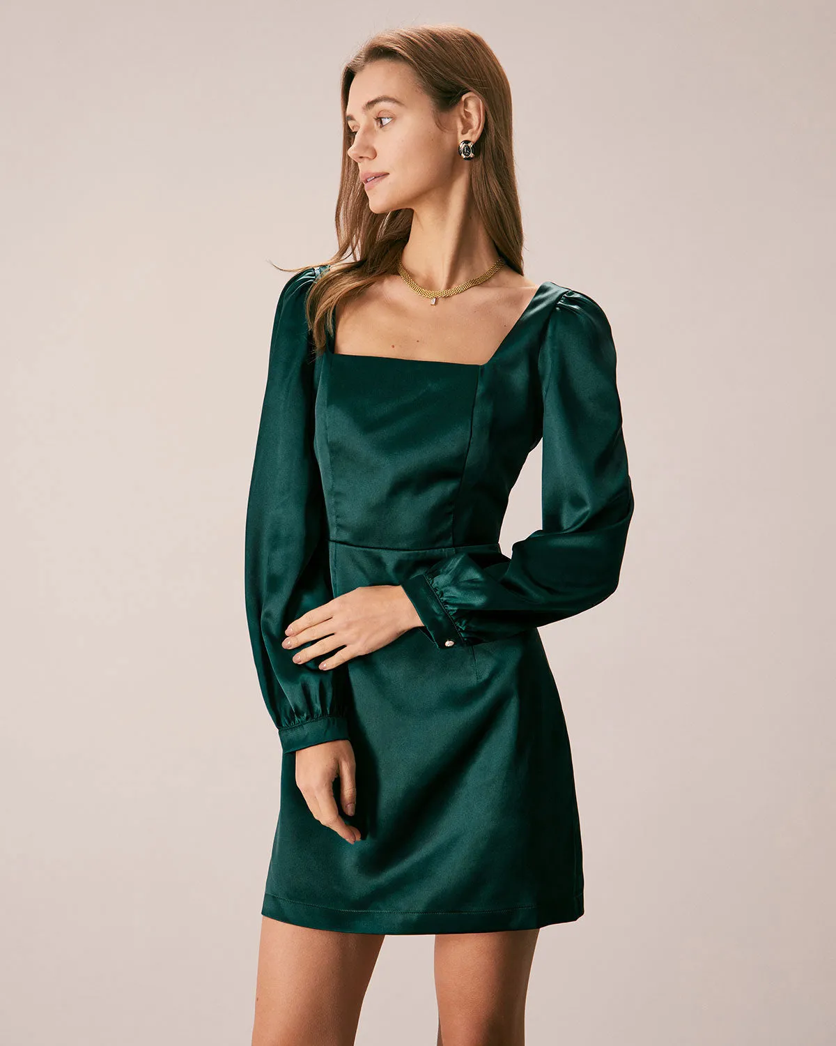 The Green Square Neck Satin A-Line Mini Dress sold by rihoas product image thumbnail 3