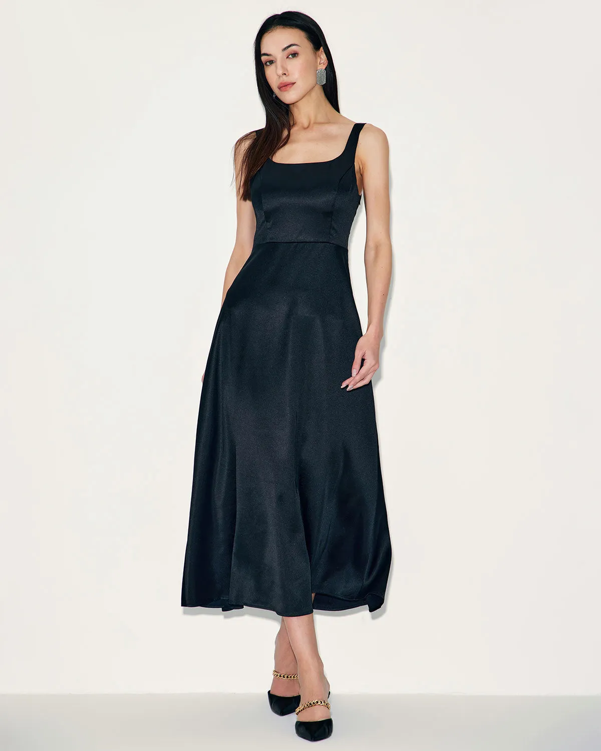 Black Satin A-Line Slip Maxi Dress sold by rihoas