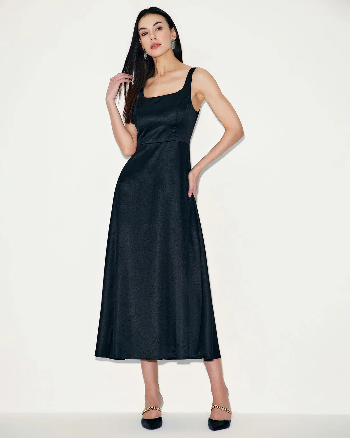 Black Satin A-Line Slip Maxi Dress sold by rihoas product image thumbnail 3