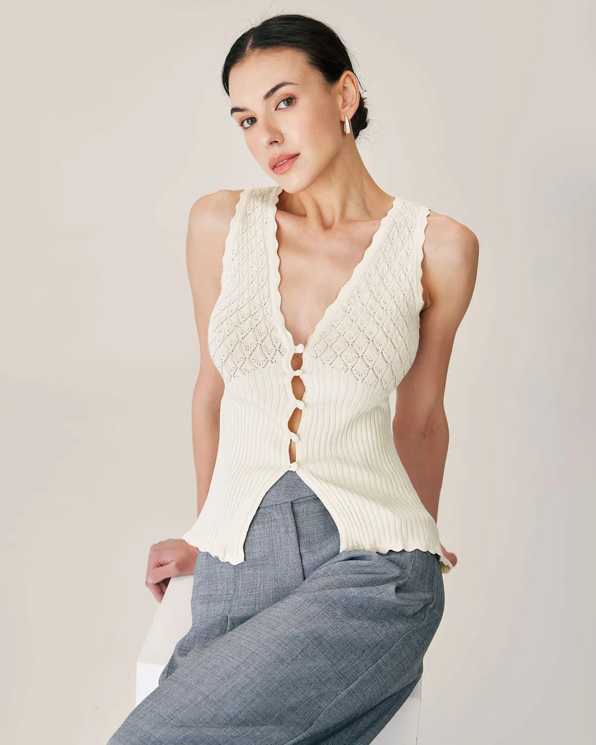 Beige V Neck Ribbed Knit Tank sold by rihoas product image thumbnail 4