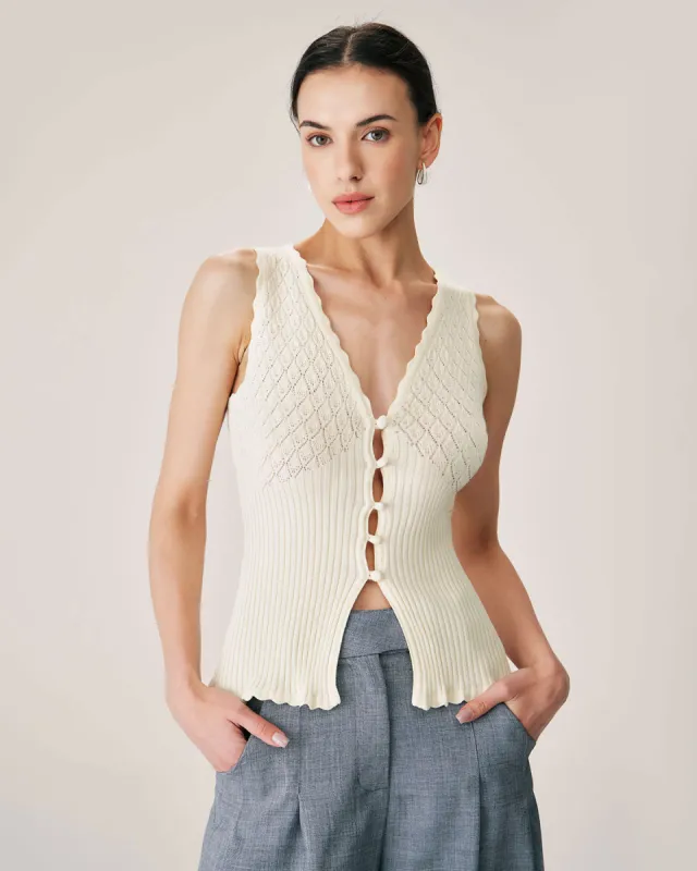 Beige V Neck Ribbed Knit Tank sold by rihoas