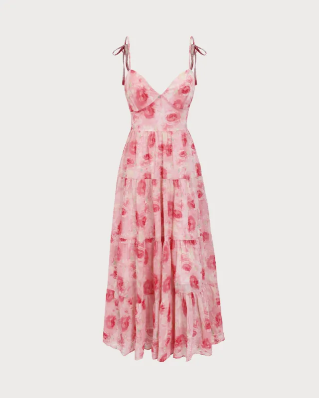 Pink Floral Tie Strap Midi Dress sold by rihoas