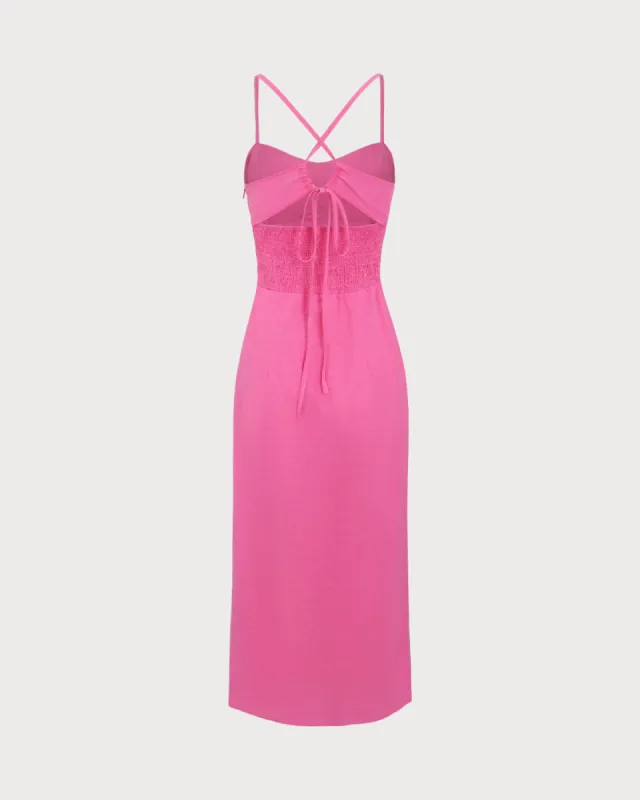 Red Ruched Backless Slip Midi Dress sold by rihoas