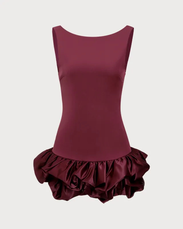 Wine Red Boat Neck Satin Mini Dress sold by rihoas