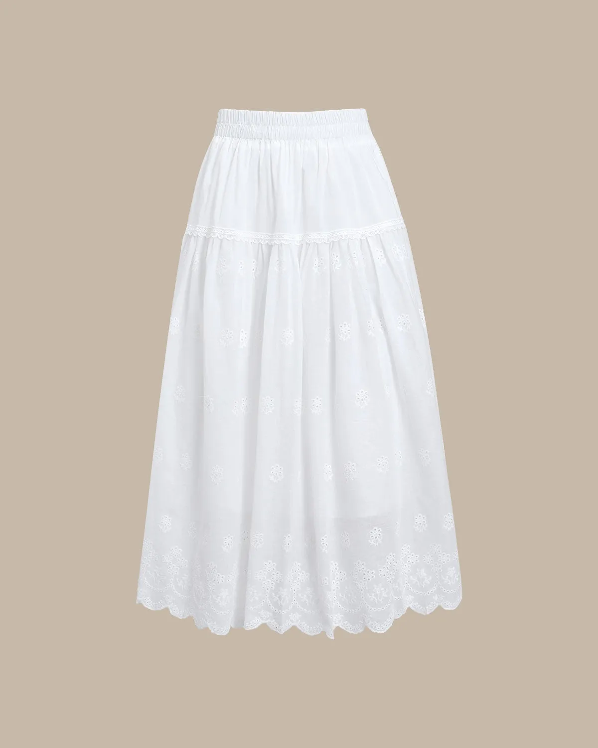 White Embroidery A-Line Midi Skirt sold by rihoas