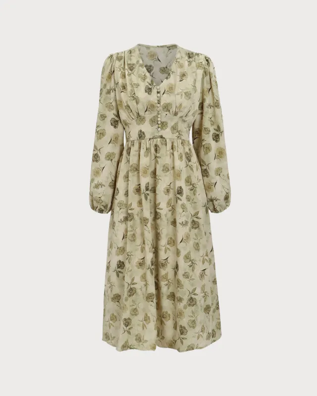 Green Floral Lantern Sleeve Midi Dress sold by rihoas