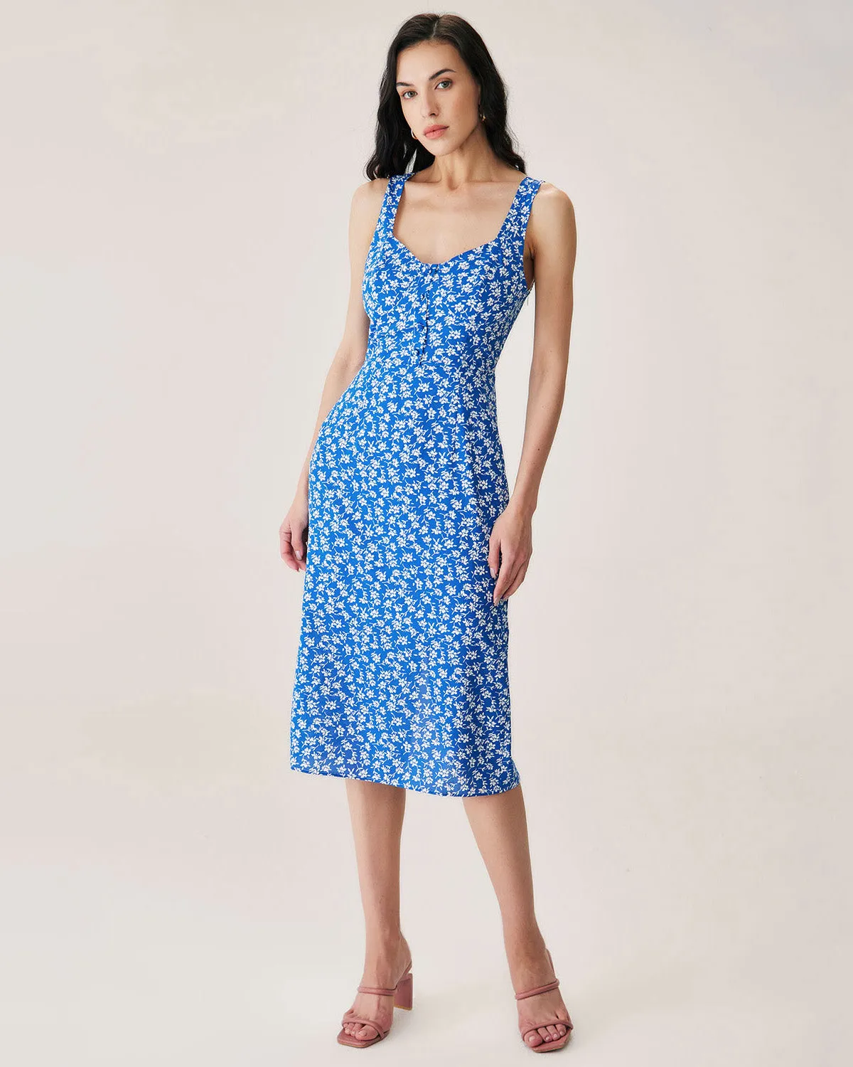 Blue Floral Slit Slip Midi Dress sold by rihoas product image thumbnail 3