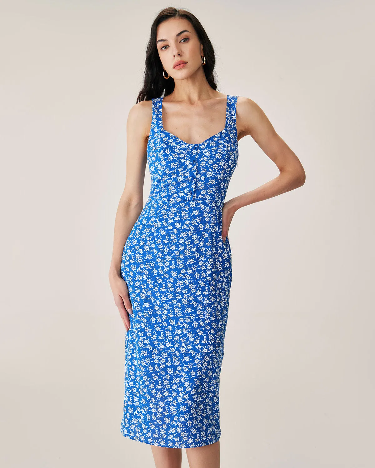 Blue Floral Slit Slip Midi Dress sold by rihoas