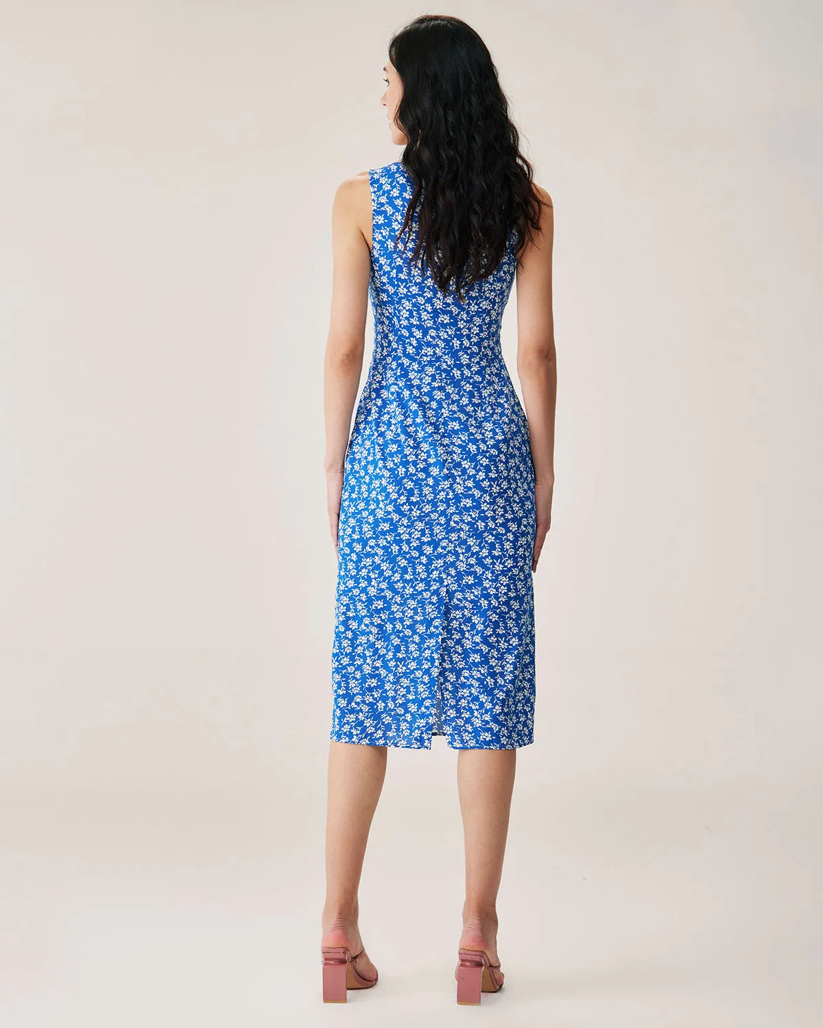 Blue Floral Slit Slip Midi Dress sold by rihoas product image thumbnail 4