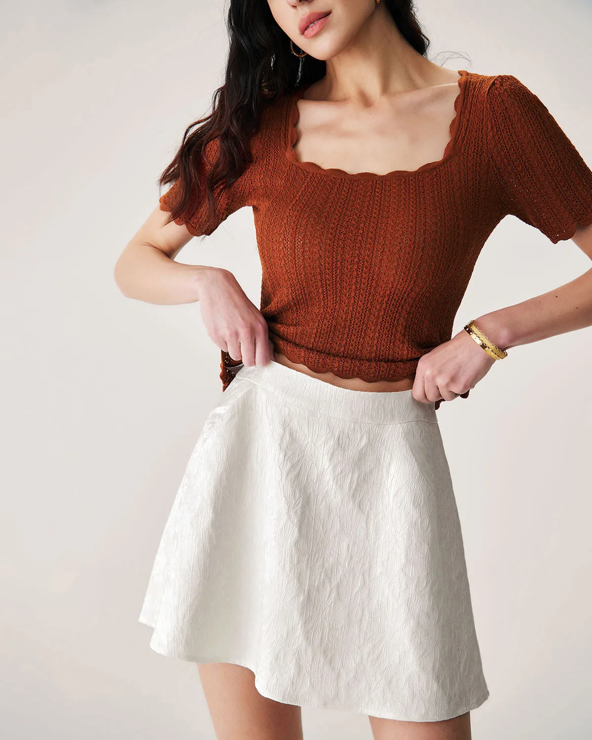 Beige Jacquard A-Line Mini Skirt sold by rihoas product image thumbnail 3