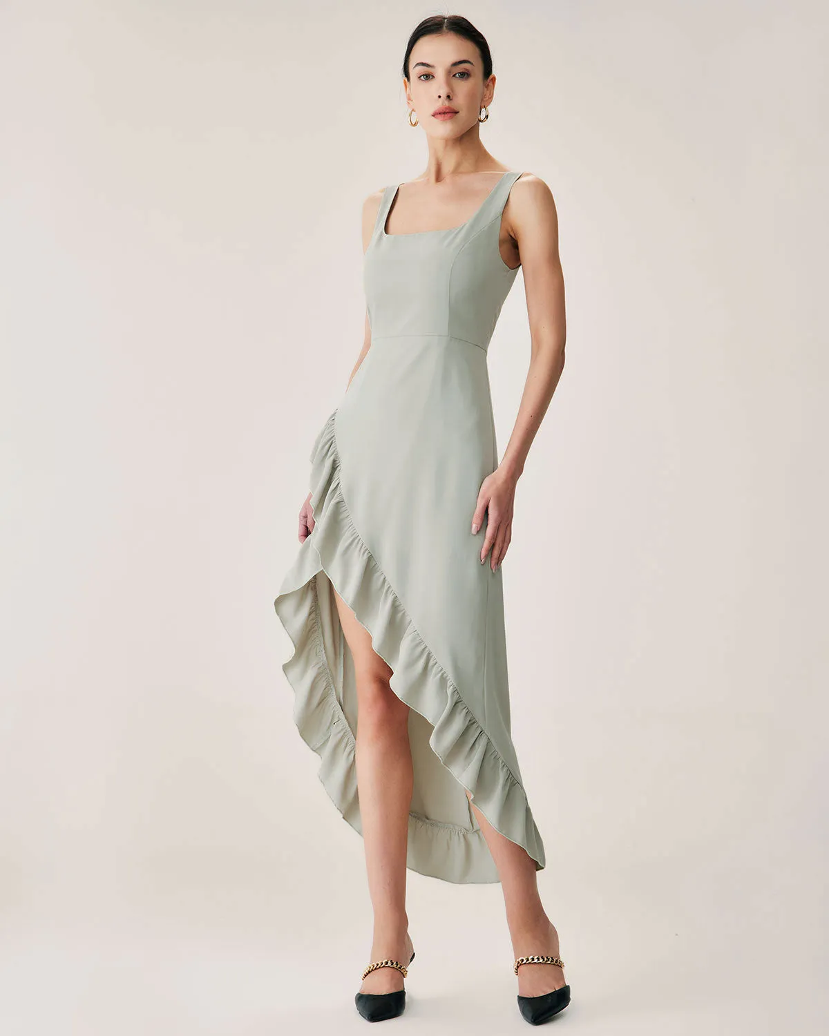 Green Ruffle Slit Slip Maxi Dress sold by rihoas