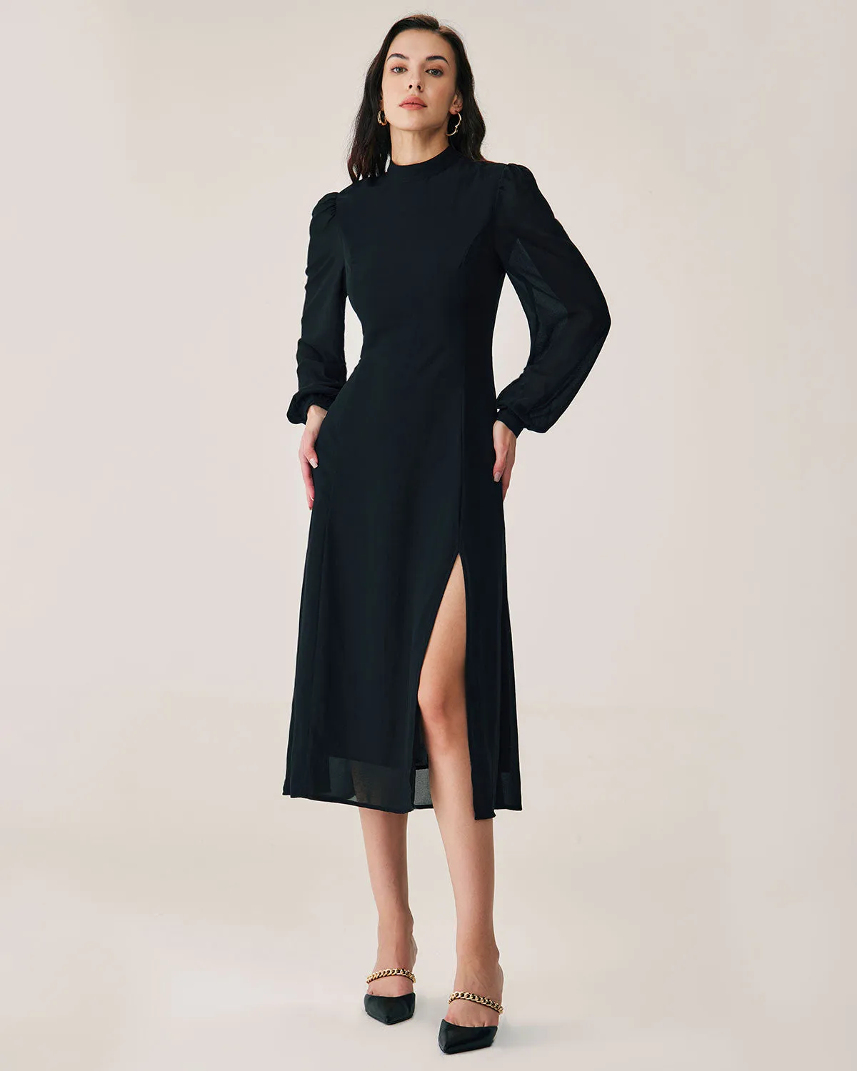 Black Sheer Turtleneck Flowy Midi Dress sold by rihoas product image thumbnail 4