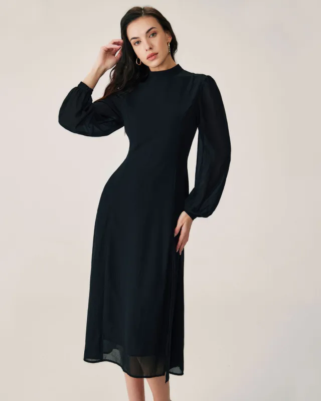 Black Sheer Turtleneck Flowy Midi Dress sold by rihoas