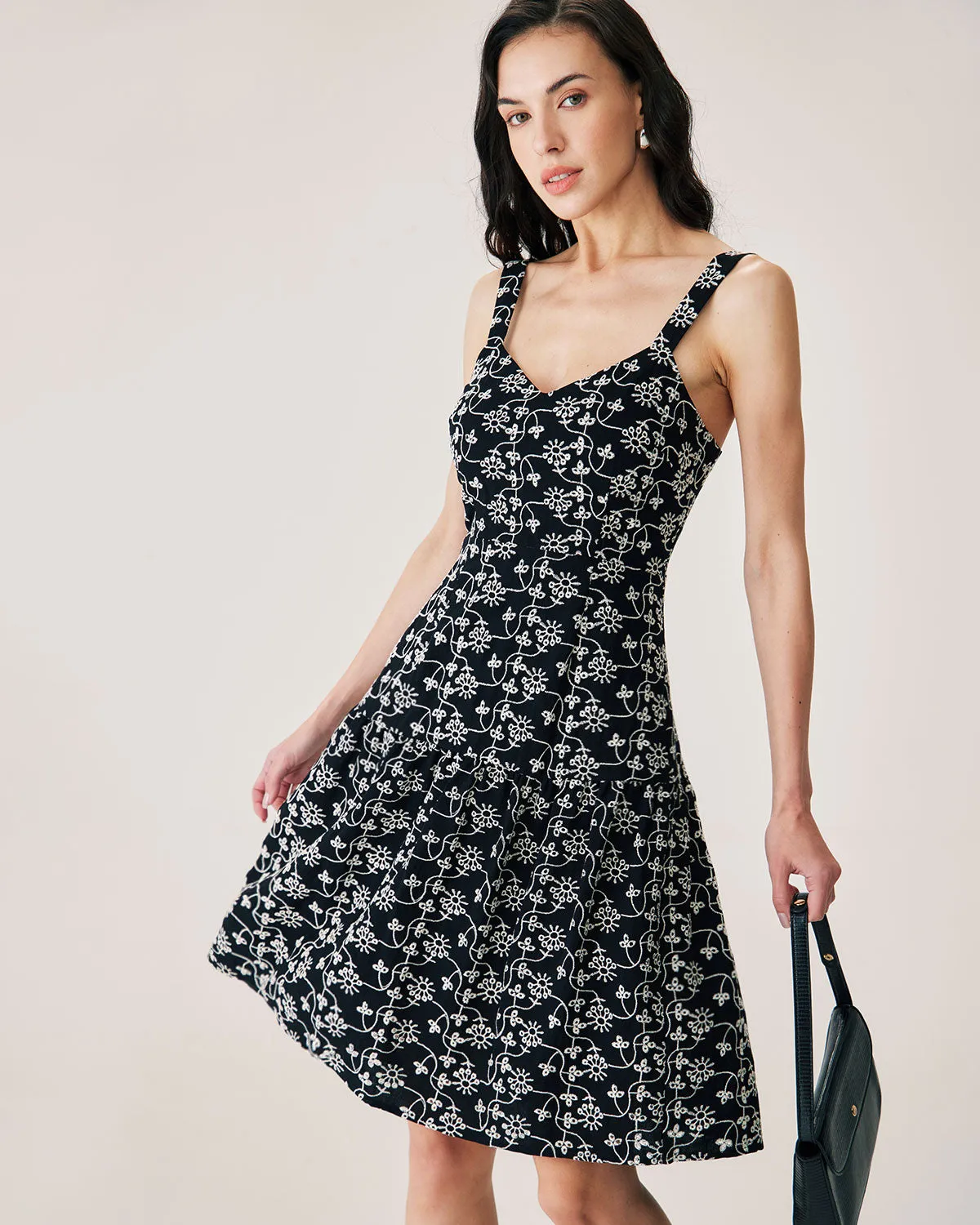 Black Floral Embroidery Slip Midi Dress sold by rihoas