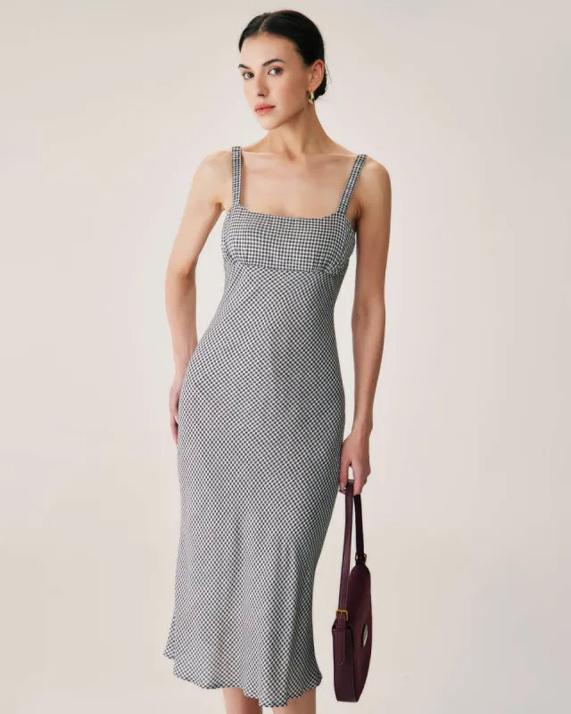 Black Plaid Ruched Slip Midi Dress sold by rihoas